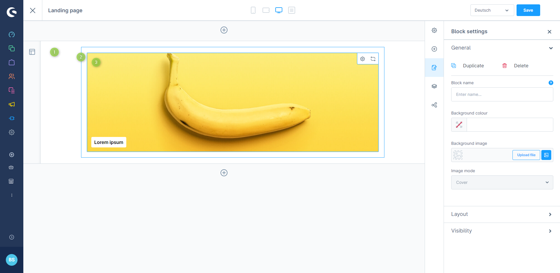 CMS-Layout im Editor: (1) CMS-Sektion – (2) CMS-Block – (3) CMS-Element